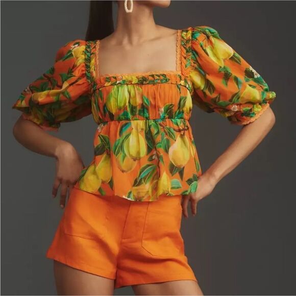 NWT Farm Rio Orange Chic Pears Short Sleeve Blouse Size Medium $148 - Picture 2 of 12